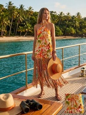 Farm Rio x Anthropologie Mini Dress Halter Fringe Tropical Leopard Sun Vacation